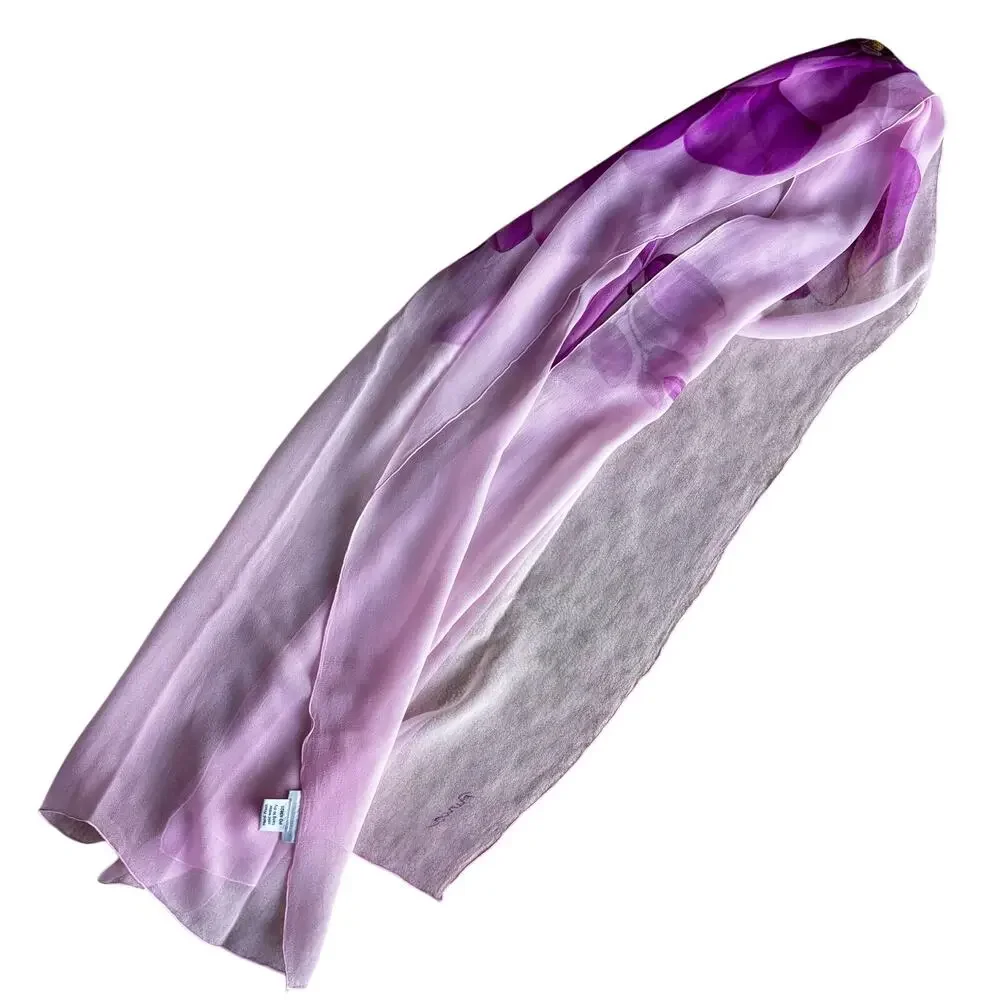 Sheer silk chiffon scarf long rectangle wrap pink purple floral hand painted